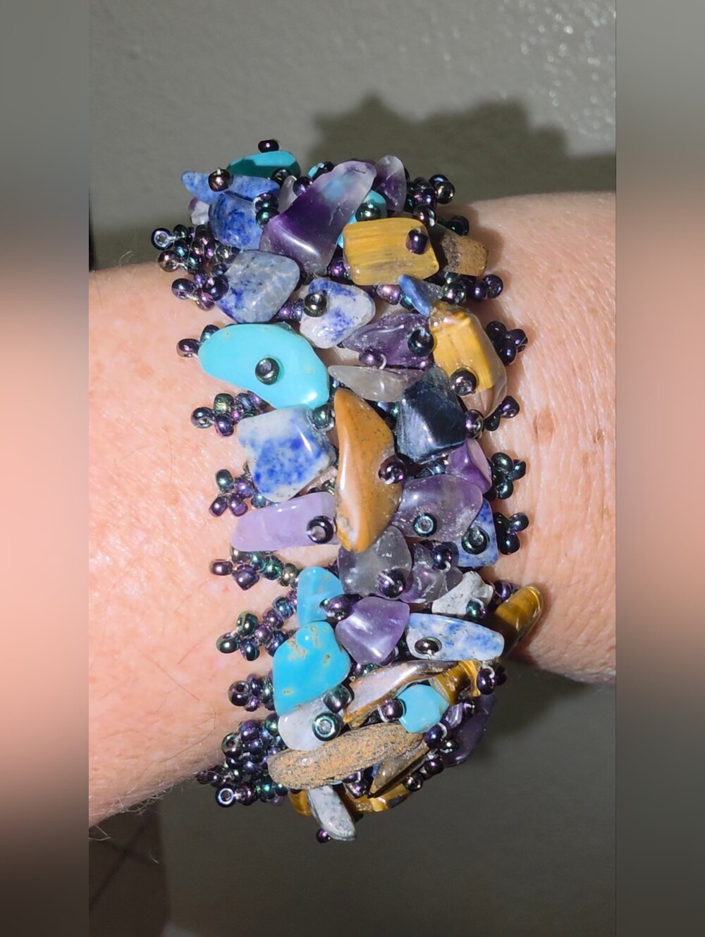 Vintage Artisan Seed Bead & Mixed Gemstone Chip Woven Wide Cuff Bracelet